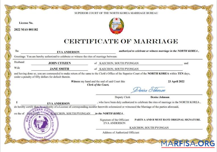 Printable North Korea marriage certificate Word and PDF template